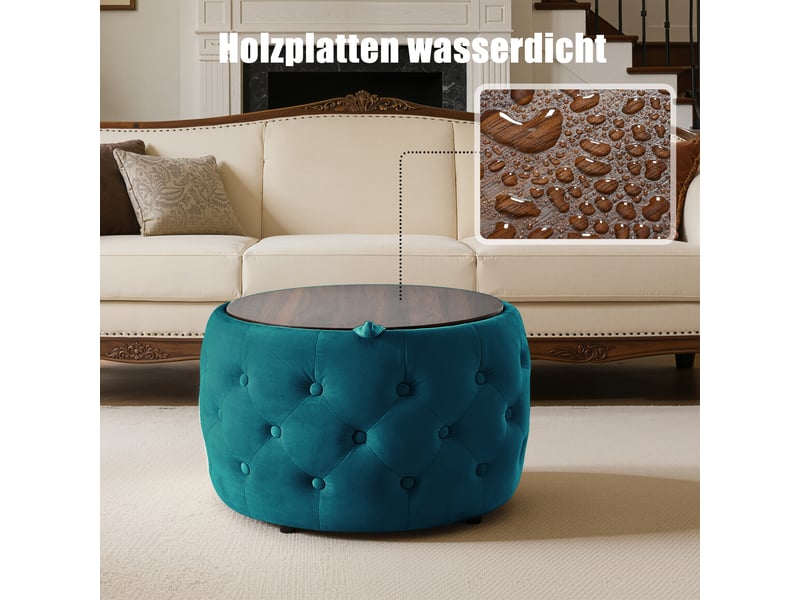  Ensemble de luxe de 2 tabourets gigognes en velours, fonction 4 en 1, repose-pieds de rangement rond avec étagère en bois, aucun assemblage requis, DE-DGZY-026-GN - Conforama E