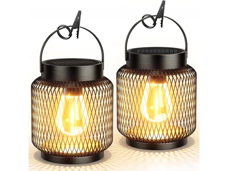  Lot de 2 lanternes solaires de jardin led, lampes suspendues métal étanches, éclairage décoratif pour terrasse, arbre et chemin  - Conforama A