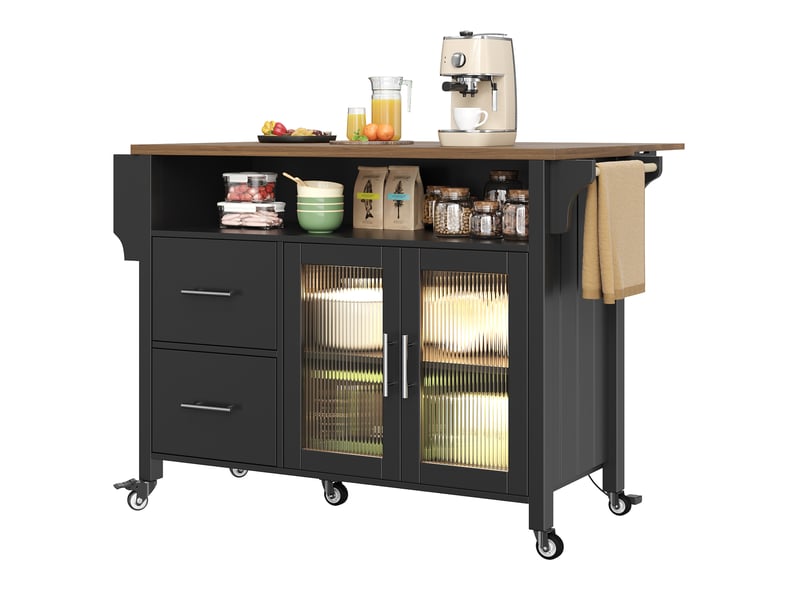 Desserte de cuisine noire en mdf 139 cm, plateau rabattable, led et roulettes - Conforama A