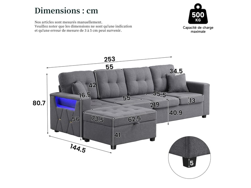  Canapé d'angle modulaire modenvie 4 places avec pouf coffre, rangements, led et prises usb type-c, tissu gris antique 253 x 144,5 x 80,7 cm  - Conforama C
