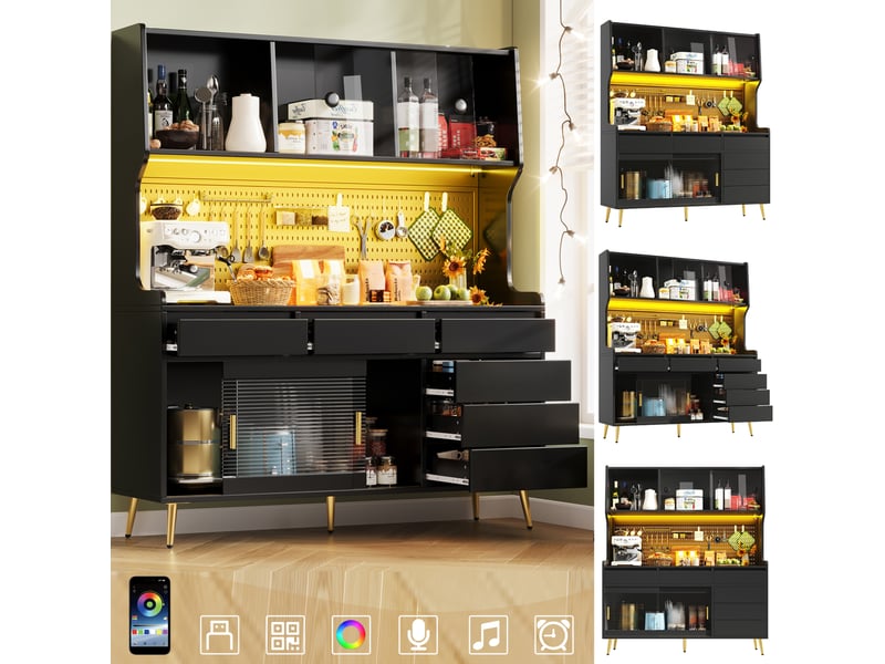 Buffet haut 145 x 39 x 171 cm avec led connectée et portes coulissantes, noir - Conforama D