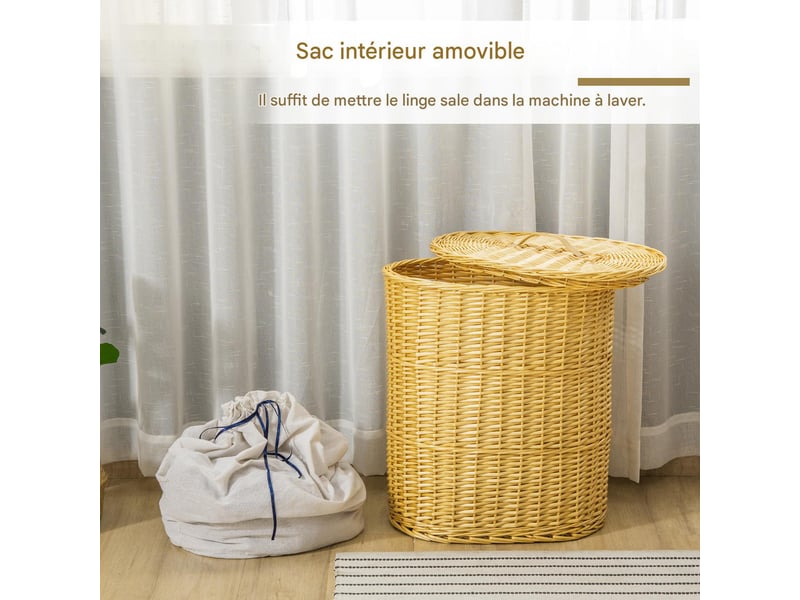  Panier à linge en osier avec couvercle et sac amovible naturel 51x38x57 cm  - Conforama E