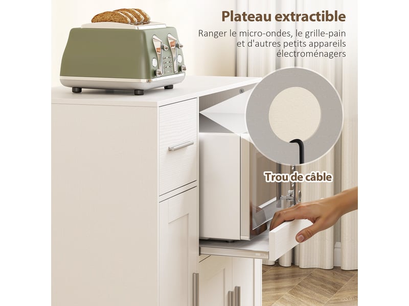 Desserte cuisine à roulettes, meuble micro onde, plateau coulissant, tiroir, placards 3 portes, blanc, 80x40x88,7cm - Conforama R