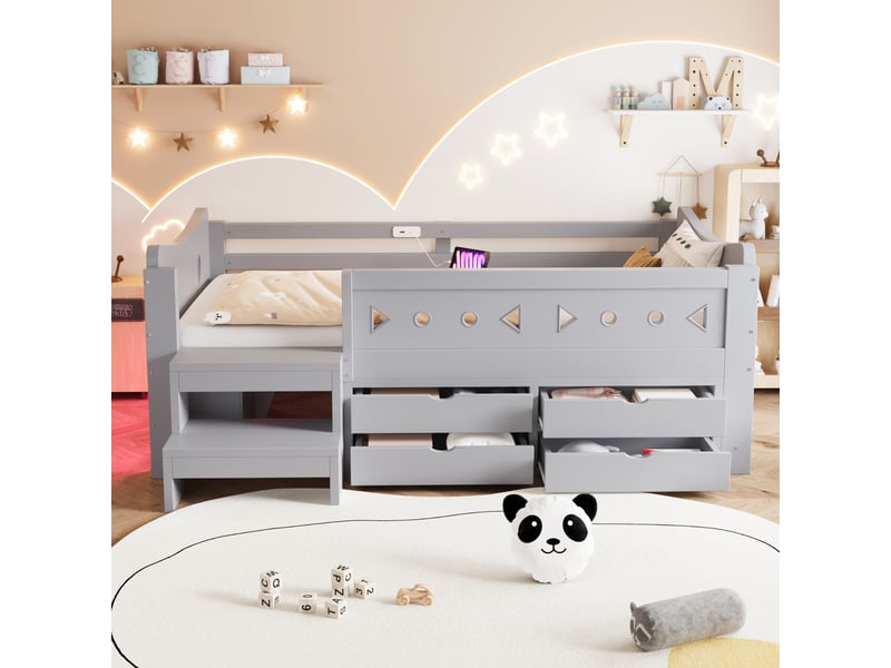Lit enfant 90x200 cm gris avec tête de lit design, 4 tiroirs, 2 niches, barrière, led, usb et type-c - Conforama R