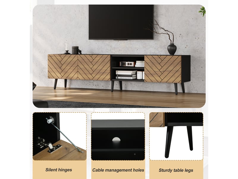  Meuble tv 180 cm pour télévision jusqu'à 75 pouces, meuble tv noir et bois avec rangement, portes et passe-câbles  - Conforama W