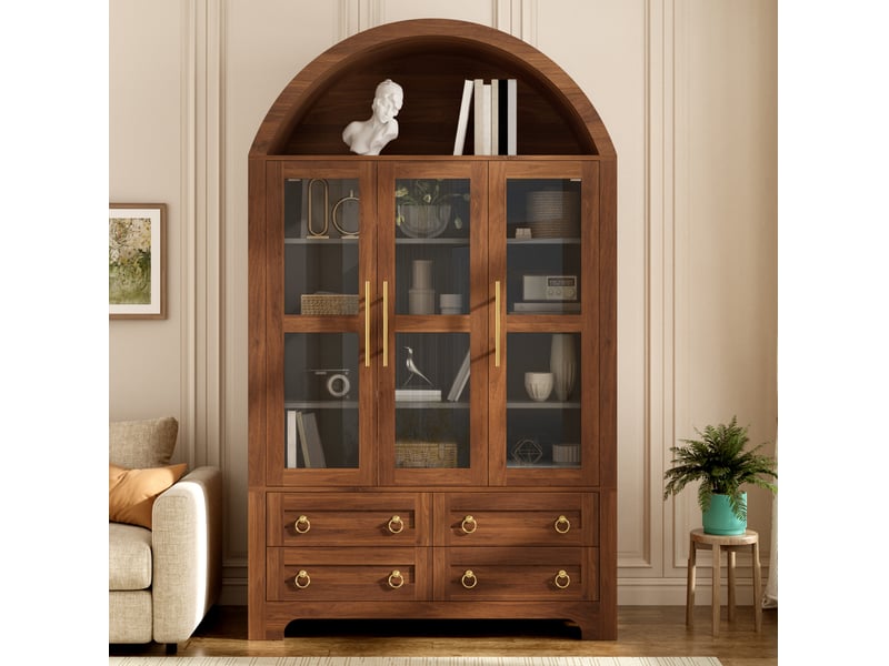  Buffet haut 3 portes vitrées et 4 tiroirs 110x40x185 cm coloris noyer  - Conforama W