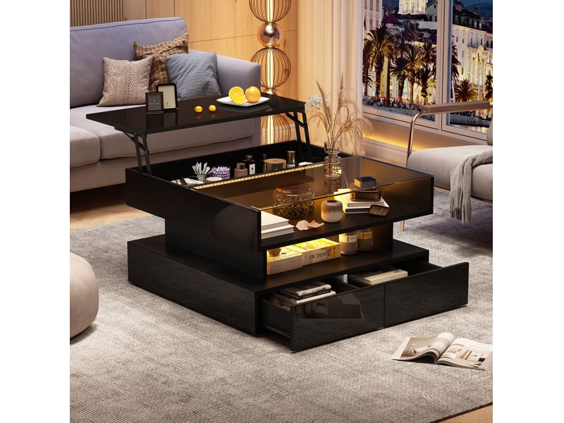  Table basse relevable 80x80x45 cm avec rangement, led, panneaux de particules noir  - Conforama B