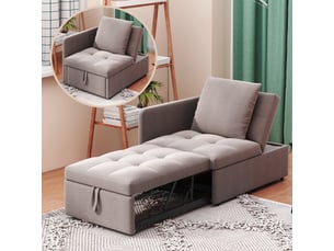 Canapé convertible lit gris tissu lin, canapé-lit 3 en 1 avec tiroirs intégrés et dossier réglable pour salon ou chambre