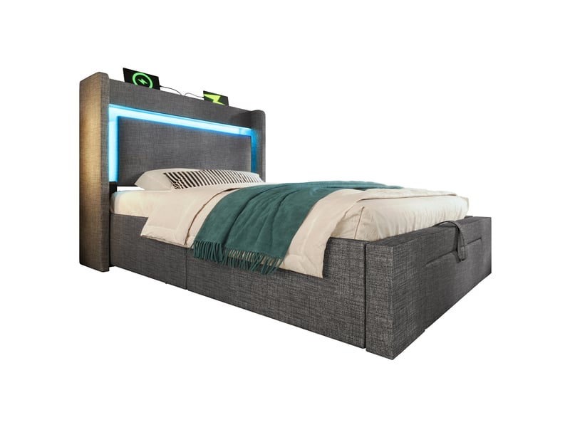  Lit coffre 90x200 cm gris avec sommier relevable et sans matelas  - Conforama W