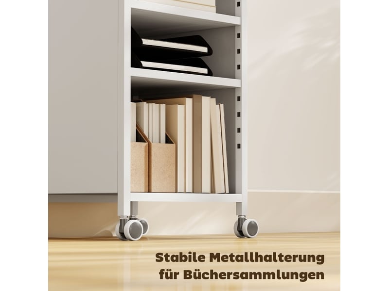  Bibliothèque mobile 35x34x69,5 cm avec tablettes réglables et panier supérieur, métal blanc  - Conforama D