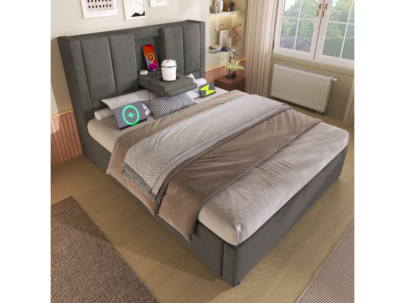  Lit coffre 90x200 cm en lin gris, lit simple avec rangement hydraulique, usb, type-c et porte-gobelet, sans matelas  - Conforama C