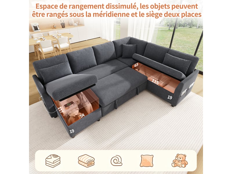  Canapé d'angle en l ou en u – 6 places – avec coffre de rangement – ​​avec ports usbtype-c – avec 3 coussins – gris  - Conforama W