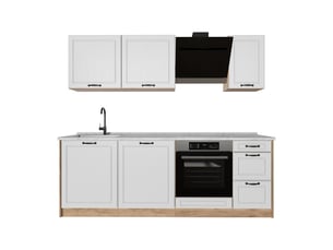 Vicco cuisine, blanc campagnechêne doré, 220cm plan de travail marbre