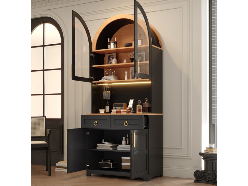  Buffet haut 80x40x180 cm avec led et prises usb,4 portes et 2 tiroirs, noir  - Conforama D