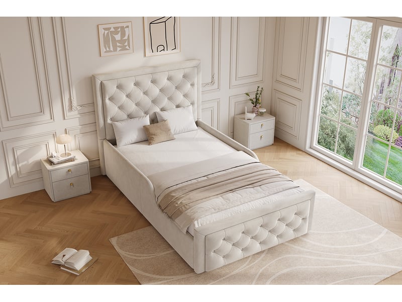  Lit coffre 90 × 200 cm, sommier à levage hydraulique, tête et pied capitonnés, côtés rembourrés, velours, beige  - Conforama B
