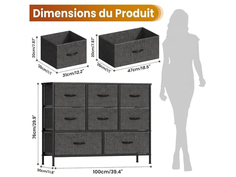  Chiffonnier meuble 100x30x76 cm huit tiroirs tissu gris fonce et metal noir chambre  - Conforama E