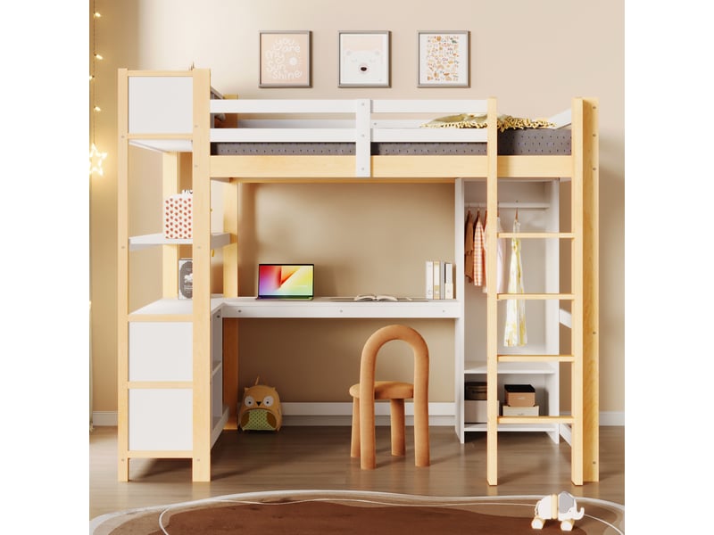  Lit mezzanine 140x200 cm avec bureau, rangements et armoire blanc et naturel  - Conforama D