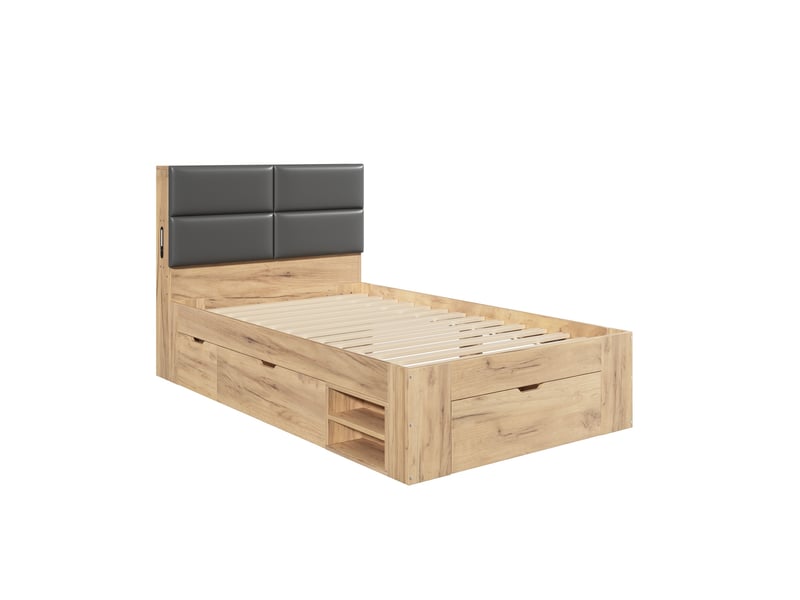  Lit simple enfant 90x200 cm naturel mdf, rangements, éclairage de nuit, ports usb et usb-c intégrés  - Conforama E