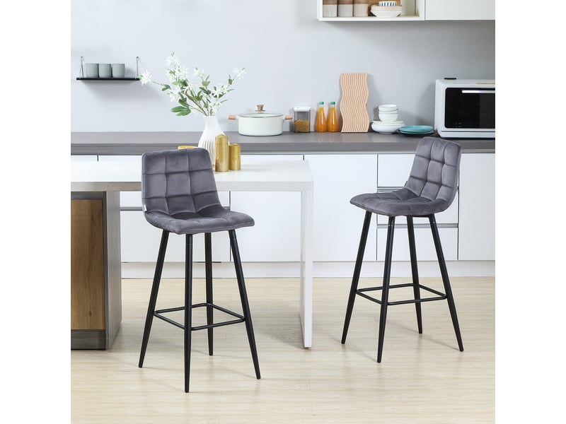  Ensemble de 2 tabourets de bar hauts, revêtus de velours, avec repose-pieds et dossier, gris  - Conforama D