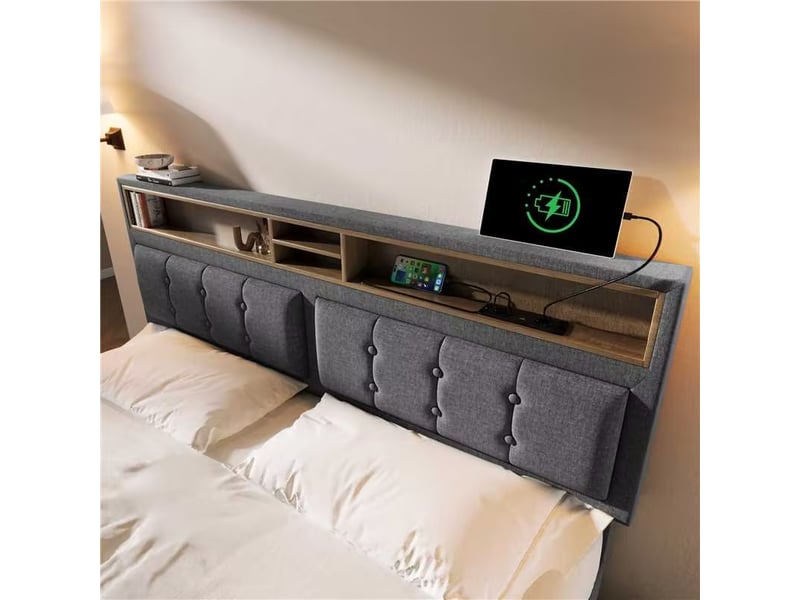  Lit coffre 160x200 cm en lin avec usb c, tête de lit, rangement, sommier et matelas inclus  - Conforama D