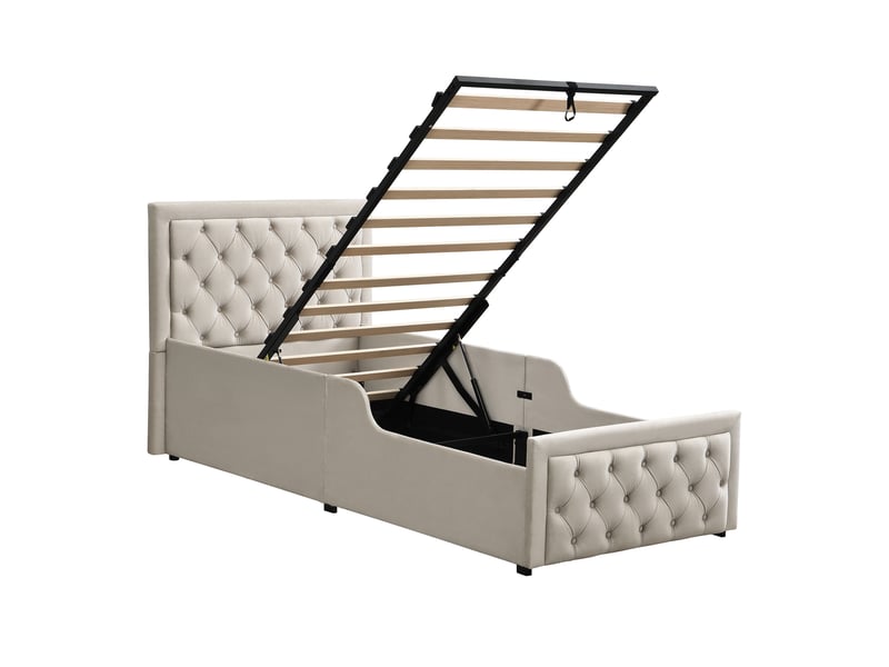  Lit escamotable 90x200 cm velours beige, tête capitonnée, coffre de rangement et sommier à lattes inclus  - Conforama E