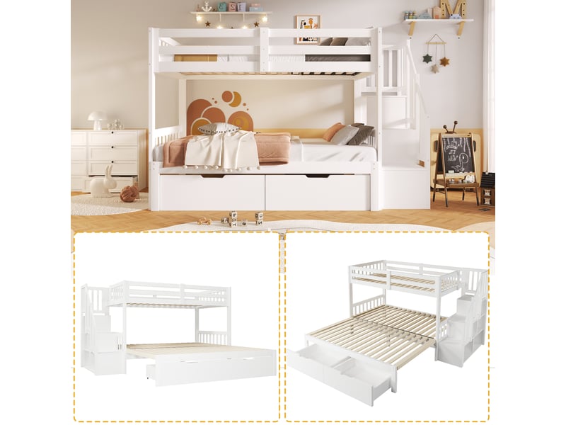  Lit superposé 90x200 cm avec lit gigogne, escalier de rangement, 2 tiroirs, sommiers à lattes, pin et mdf, blanc OMNIGLINT TRADING LTD - Conforama E