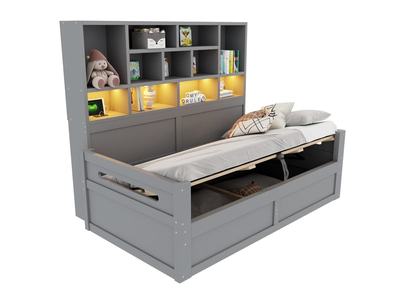  Lit jeune, lit simple, 90x200 cm, couchage individuel, doté d’un espace de rangement, led, prises, mdf, coloris gris  - Conforama A