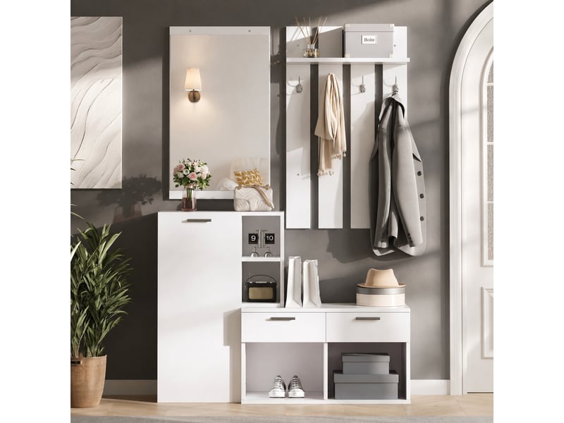  Vestiaire d’entrée avec meuble à chaussures, miroir, 2 tiroirs, 4 patères, 120 x 35 x 175,5 cm, blanc  - Conforama C