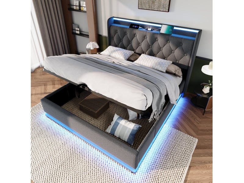  Lit coffre 160x200 cm led 360°, usb type-c, gris, lin, sans matelas  - Conforama C