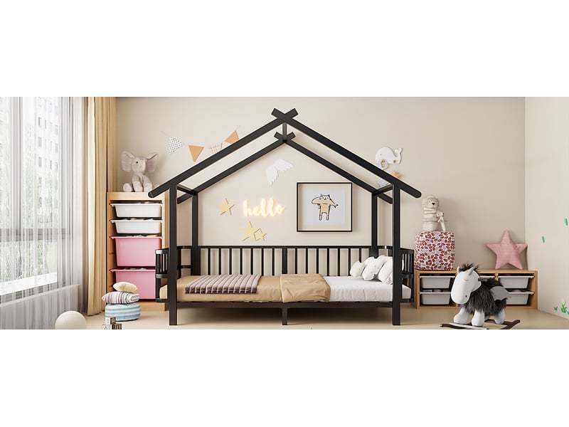 Lit enfant en métal forme maison 90x200 cm noir avec barrière de sécurité toit design cadre décoratif pour garçons et filles Sol Morn - Conforama D