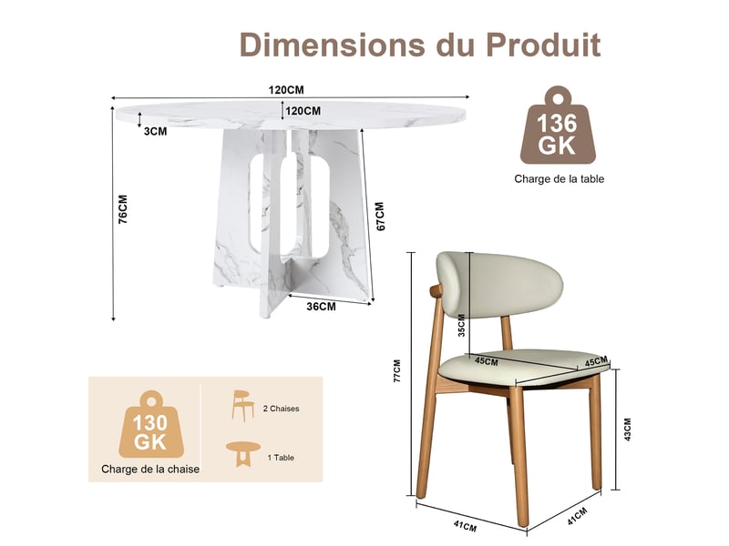  Ensemble table et chaises avec 1 table ronde et 2 chaises, assise rembourrée, en mdf blanc  - Conforama D