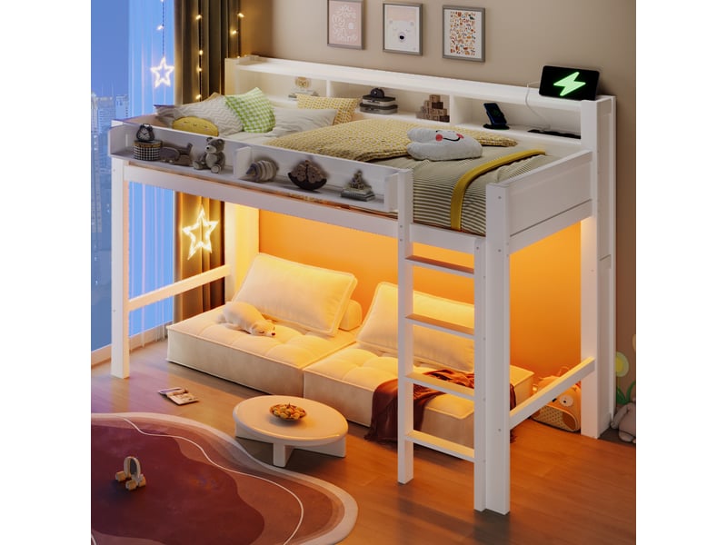  Lit mezzanine enfant 90x200 cm avec led et étagères, lit simple avec aire de jeux dous le lit et port usb, en bois blanc Bubbly - Conforama B