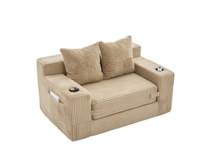 Canapé-lit 2 places 133 x 87 cm – kaki – convertible, poche latérale, porte-gobelet et deux coussins