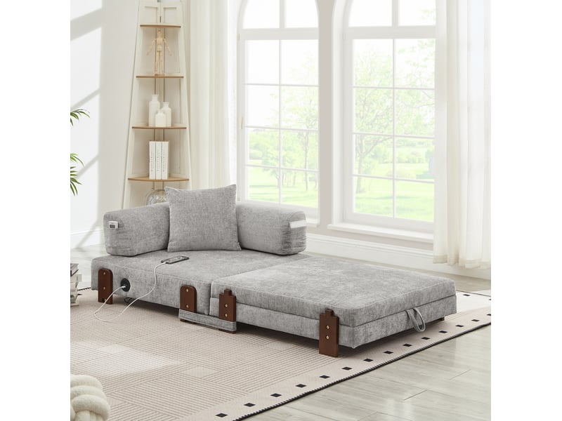  Canapé-lit modenvie convertible pliant 1 place en tissu gris clair avec ports usb et type-c, rangement, 84 x 170,5 x 48 cm  - Conforama B