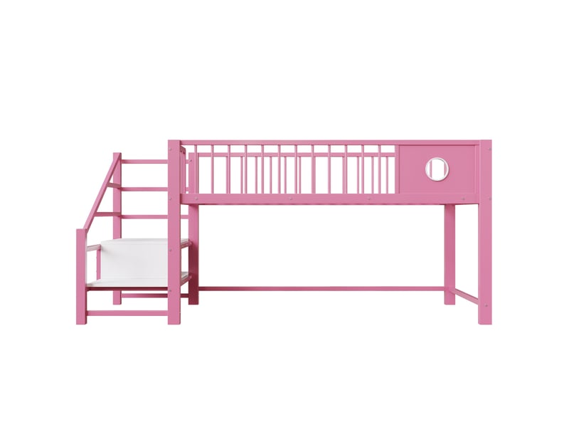 Lit mezzanine bas 90 x 200 cm, avec échelle de rangement, structure métallique robuste, pour enfants et adolescents, rose - Conforama D