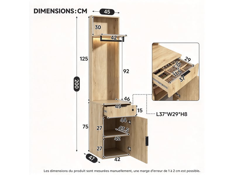  Vestiaire d'entrée 45 x 47 x 200 cm avec éclairage led, tringle, tiroir à bijoux et 2 rangements, décor chêne  - Conforama C