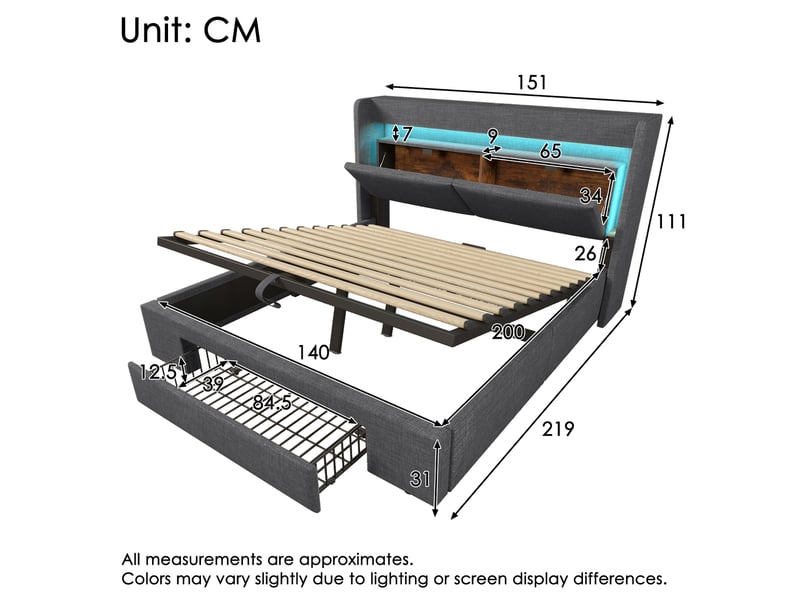  Lit coffre 140 × 200 cm 2 places avec led réglable, usb, type-c, tiroir et rangement, matelas inclus, gris  - Conforama D