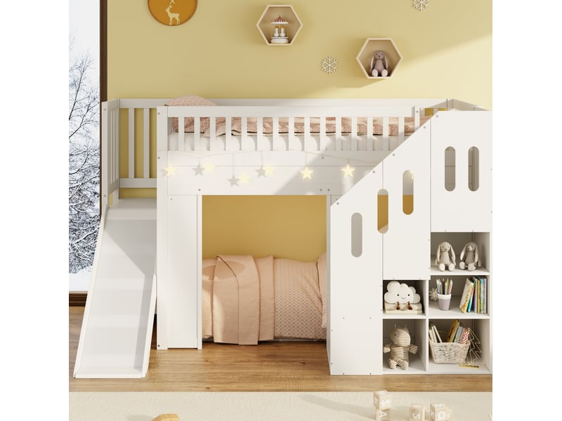 Lit mezzanine enfant 90x200 cm avec toboggan, escalier de rangement et led blanc  - Conforama E