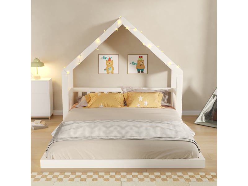  Lit cabane enfant 140x200 cm avec toit en tissu et guirlande lumineuse, blanc, sans matelas  - Conforama W