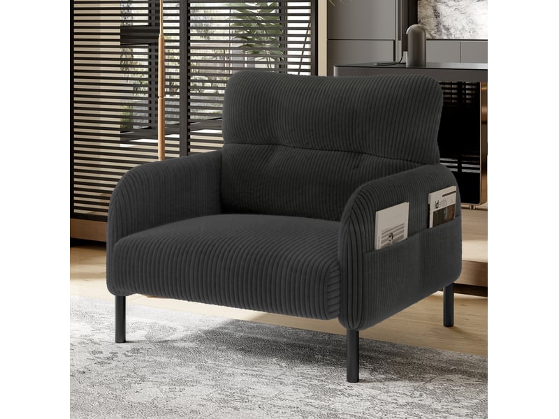  Fauteuil de lecture avec assise profonde, dossier ergonomique et poche latérale en velours côtelé gris, 67 × 75 × 79 cm  - Conforama B