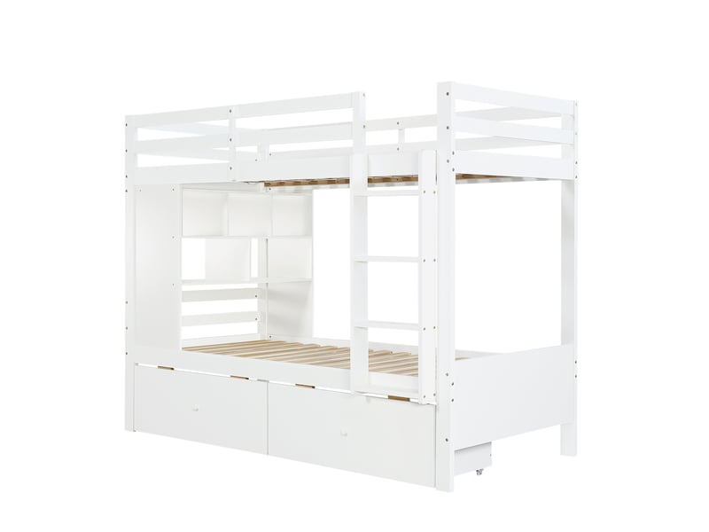 Lit superposé enfant 90x200 cm blanc en bois, 2 tiroirs, étagère ouverte, échelle et barrière de sécurité - Conforama A