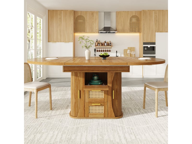  Table de salle à manger extensible 118-158x118x77,1 cm avec rangement intégré, tiroirs rotin et finition bois, mdf, marron Sol Morn - Conforama D
