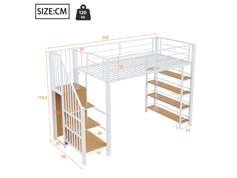  Modenvie lit mezzanine 90x200 cm - avec escalier de rangement, penderie et étageres - blanc  - Conforama C