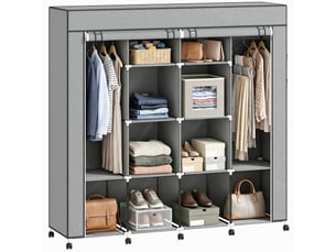 Armoire en tissu, portes, 2 tringles, 10 compartiments, grise