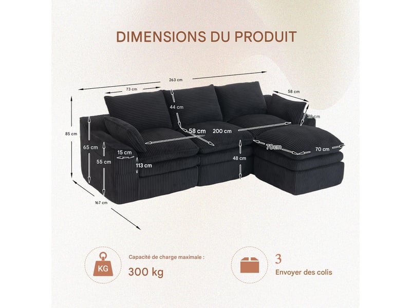  Canapé modulable 3 places avec pouf en velours côtelé noir 263x167x85 cm W2845S00370 - Conforama C