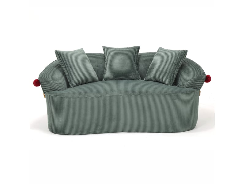 Canapé 2 places 163 x 93 cm – vert – velours côtelé, forme arquée, 3 coussins et coussin animal inclus - Conforama D