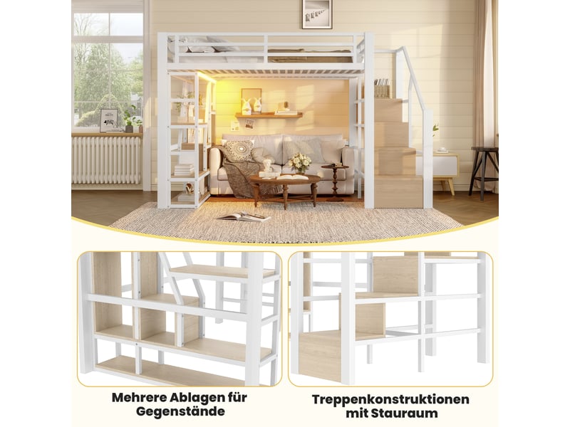  Lit mezzanine 140x200 cm avec bande lumineuse led et étagère, lit enfant avec barrières de sécurité, cadre de lit en fer, blanc  - Conforama D
