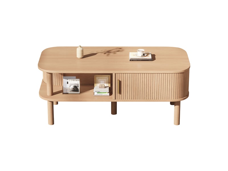  Table basse scandinave avec rangement et porte coulissante 110x55 cm mdf couleur bois naturel  - Conforama A