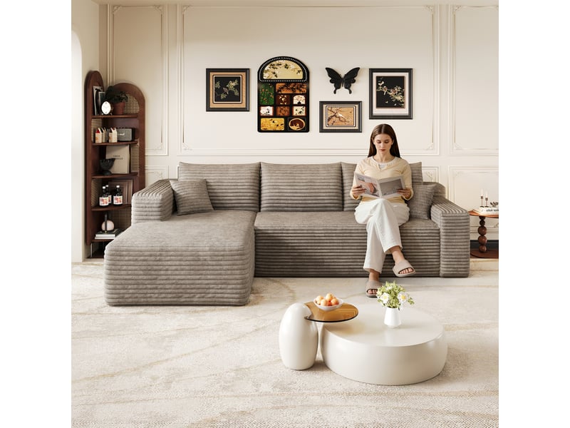  Canapé d’angle 3 places en velours côtelé camel, canapé panoramique 241 cm avec méridienne, assise profonde pour le salon  - Conforama E