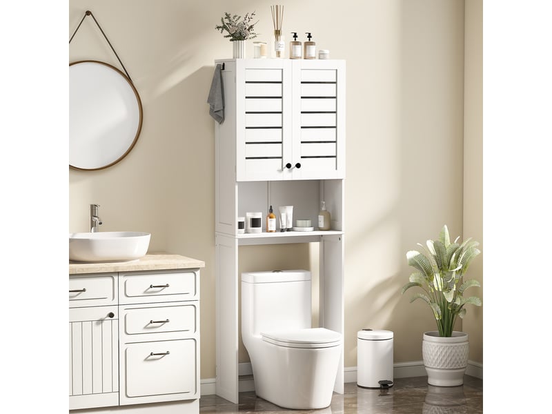 Meuble wc dessus de toilettemachine à laver avec placard à porte double, portes à persiennes, blanc, 67x31,5x190cm - Conforama A